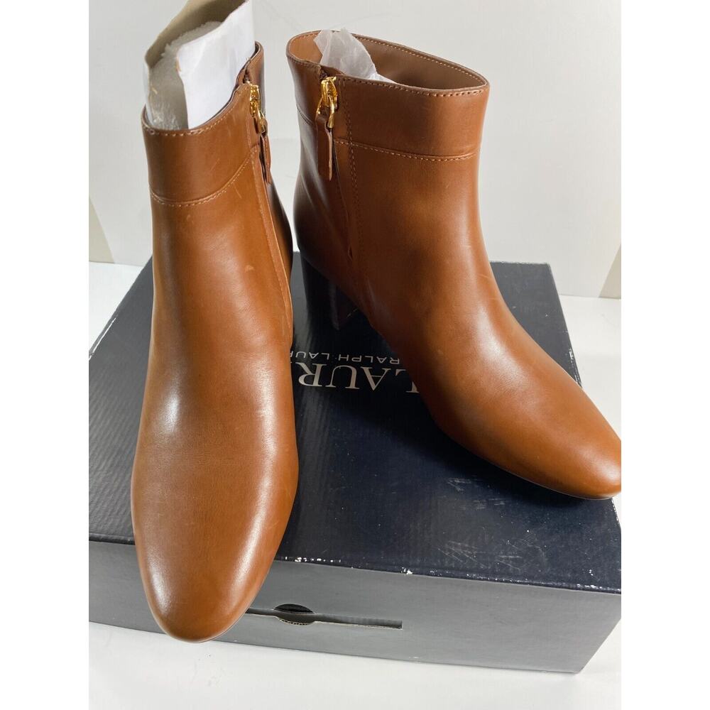 Lauren Ralph Lauren Logo Wynne Camel Color Leather Bootie Side Zip Size 9.5 NWB